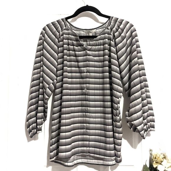 Tucker The Classic Blouse Gray Area in Silk Cotton Plaid Motif Striped Smock - Picture 1 of 9